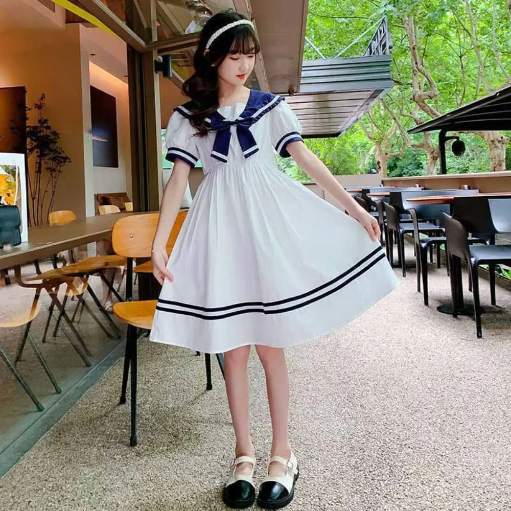 

Sweet Bow Girls Preppy Style Dress Pleated Party Summer Kids Dresses Teenagers Beach Vacation Children Princess Dress Students