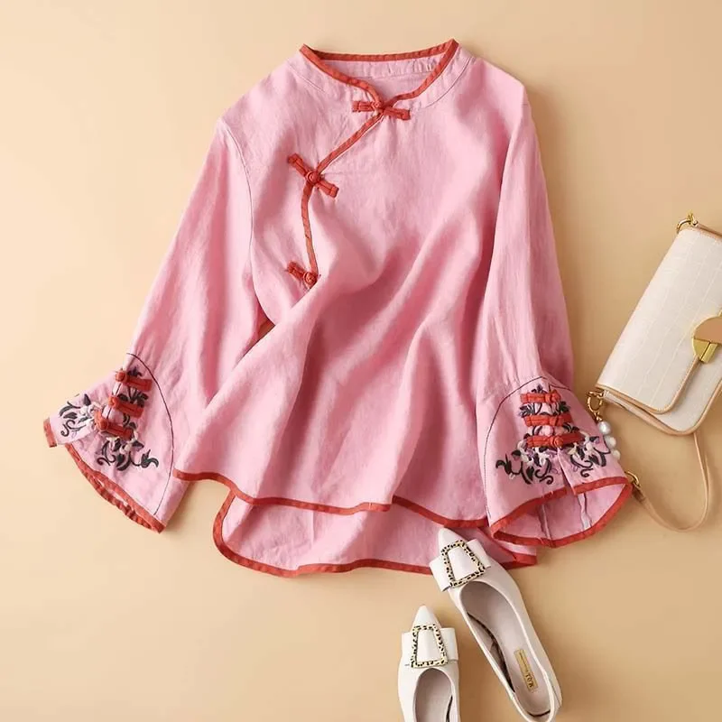 2025 nueva camisa de primavera para mujer estilo chino bordado artístico de moda Top holgado con cuello en V para mujer blusa ropa de moda