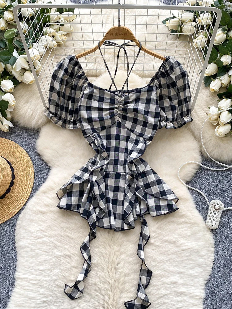 Checkered hanging neck off shoulder bubble sleeve shirt women in summer new flowing ribbons slim fit and fashion casual top