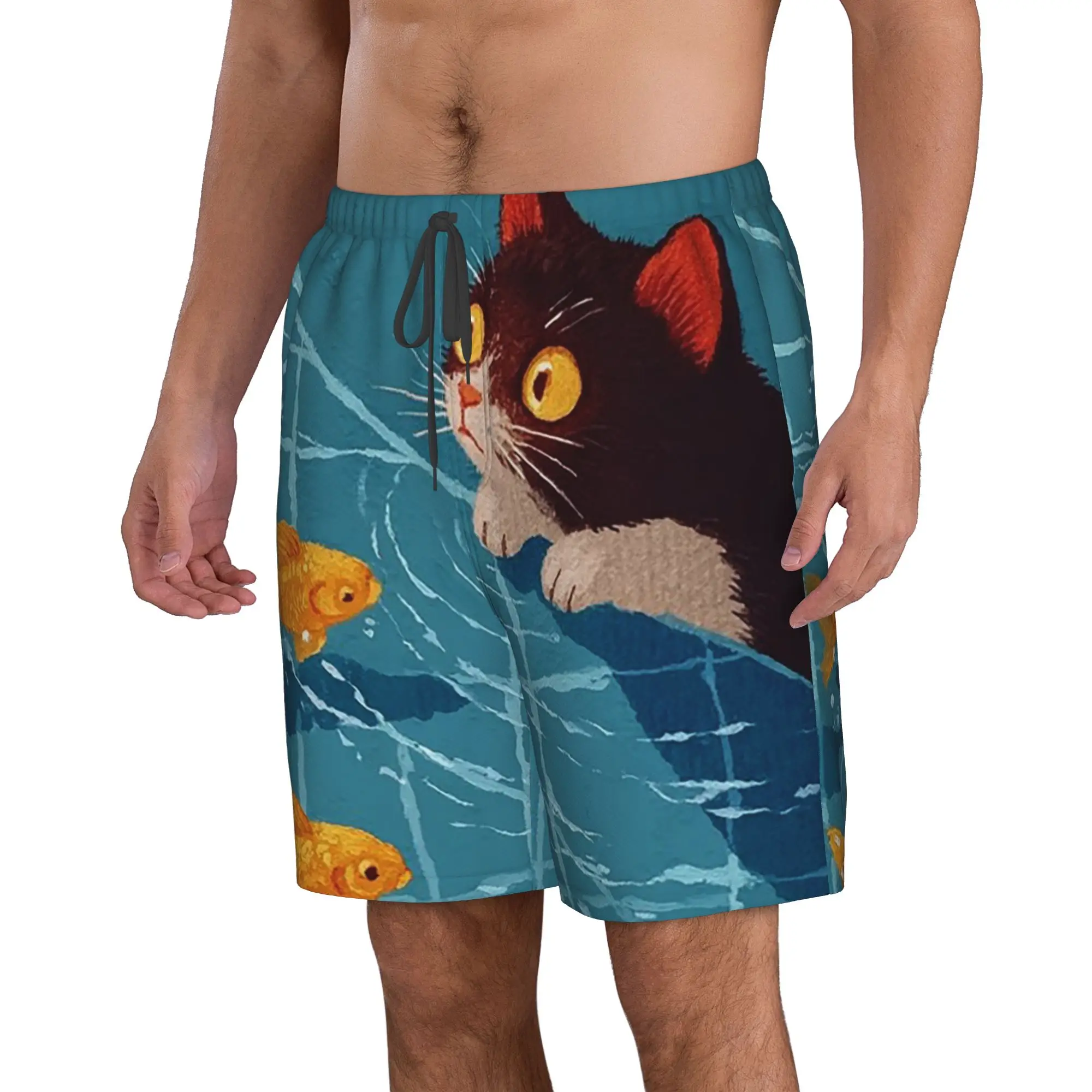 Cat Peeking Into Water Staring at Swimming Fish Trunks Beach Board Shorts Casual Quick Dry Swim Summer Men Pants