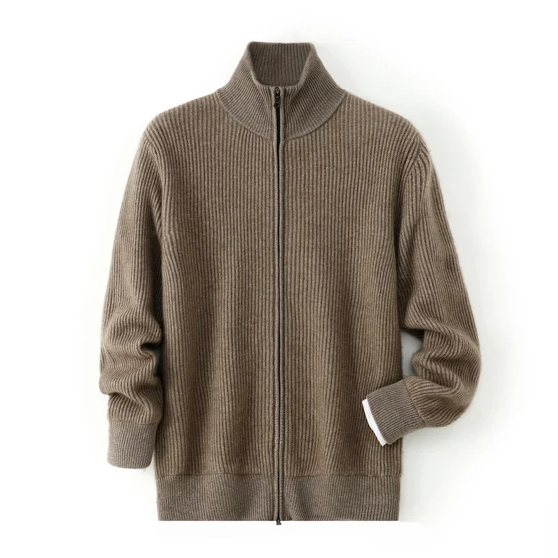 Business Men's Sweater Cardigan 100% Cashmere Autumn Winter Cardigan High Neck Thicken Warm Clothes Double Zip Cuff Knit Jacket