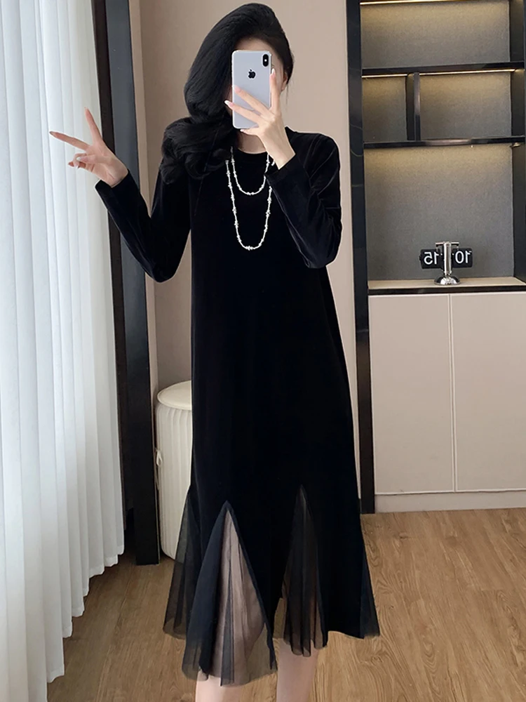 NYFS-فستان كوري نسائي ، رداء فضفاض ، مرقع شبكي ، فساتين طويلة ، مقاس كبير ، خريف ، جديد ، #3