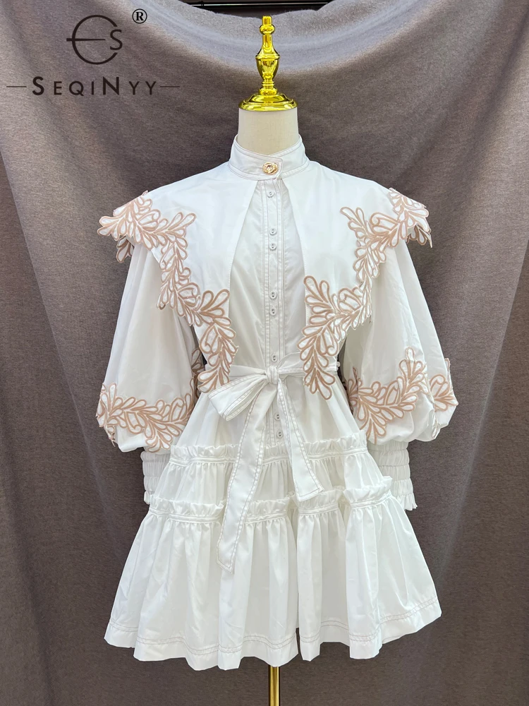 

SEQINYY White Mini Dress Summer Spring New Fashion Design Women Runway High Street Ruffles Embroidery Flower Casual Belt