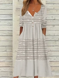 Plus Size Casual Dress, damska Plus Color Block Stripe Printed Długi rękaw Okrągły dekolt Lekko rozciągliwa sukienka Henley z kieszenią