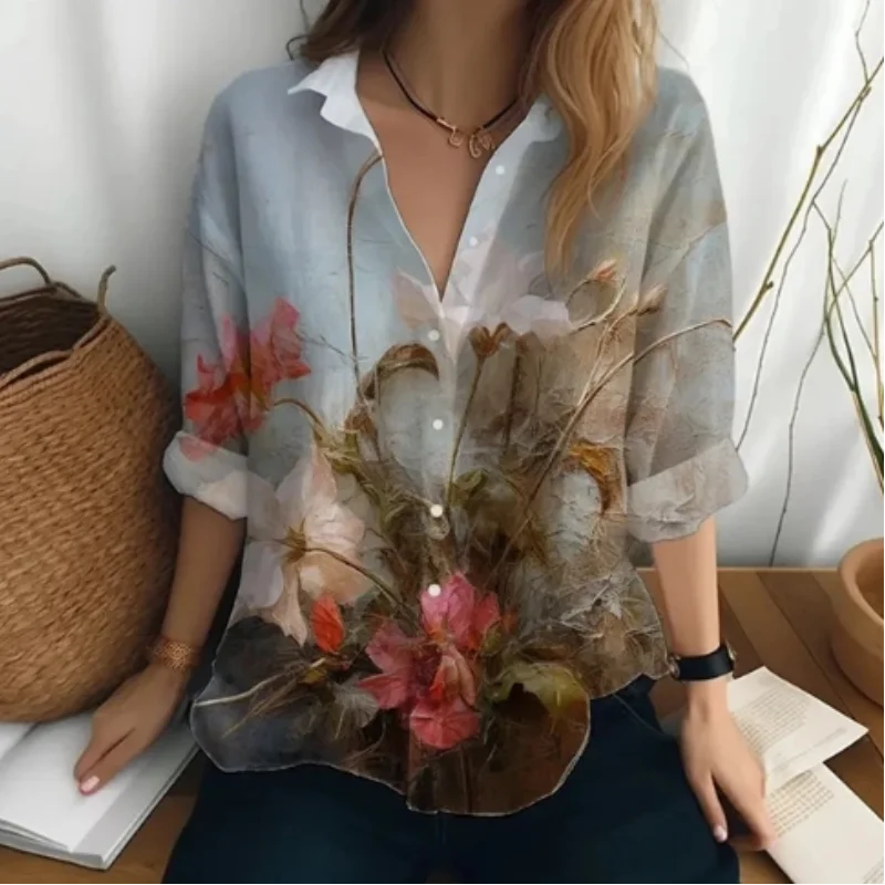 2024 women's cardigan flower print comfortable long sleeved shirt for women high-end and versatile top personalized street style