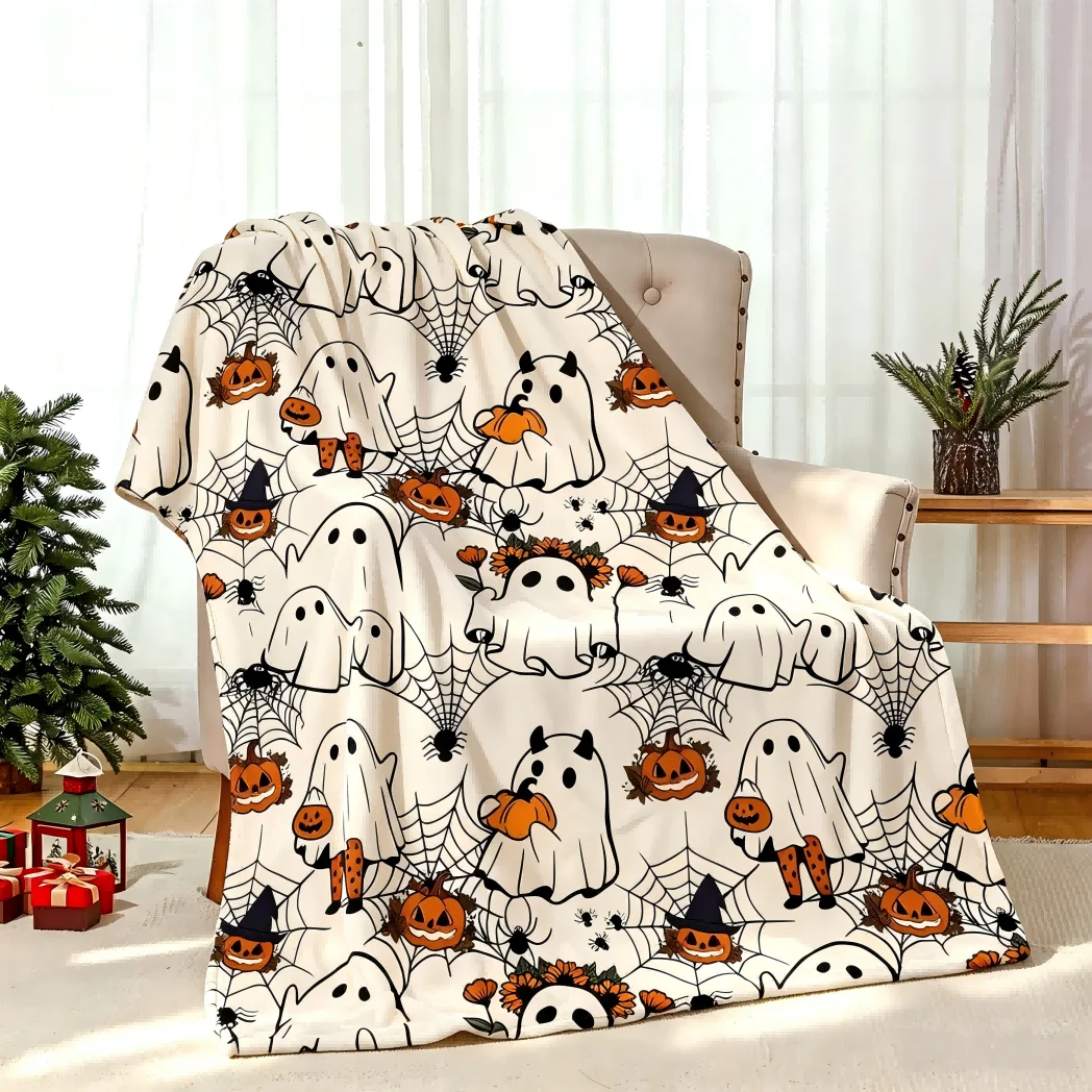 1pc Ghost Cobweb Bat Pumpkin Skull Blanket Gifts Halloween X-mas Flannel Blankets Women Men Festival Decoration Four Season Use