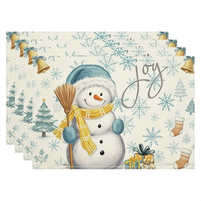 VIKAMA Linen Placemats Let It Snow Snowman Red Cream, Stain Resistant Easy to Clean, Dining Table Winter Decor