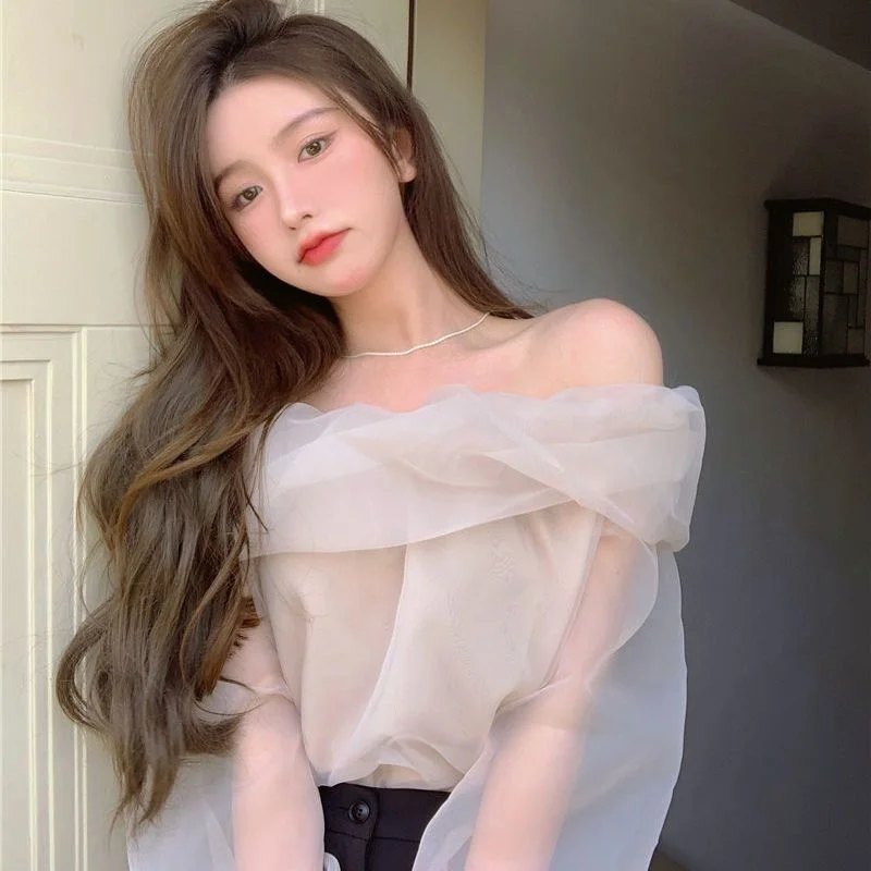 Blouses Women Mesh Slash Neck Solid Flare Sleeve Korean Fashion Style Daily Basic Sweet Design All-match Classic Summer Popular