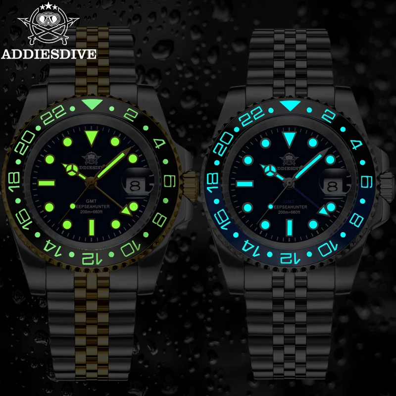 Addiesdive masculino gmt relógio ad2050 bgw9 super luminoso 20bar à prova dwaterproof água 316l aço inoxidável suíço landa 515-24h relógios de quartzo