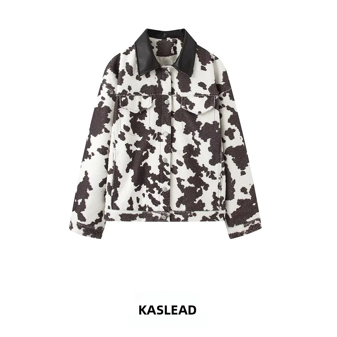 KASLEAD New Women's Fashion Design Simple Retro Versatile Print Fringe Jacket Polyester Fiber Long Sleeve Turn-down Collar Bu...