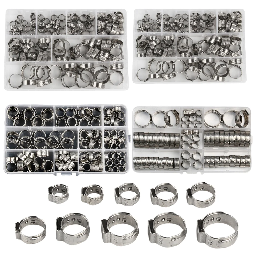 140/100/45pcs Stainless Steel Ear Stepless Clamp Worm Drive Fuel Water Hose Pipe Clamps Clips Cinch Clamp Rings Crimping Tools