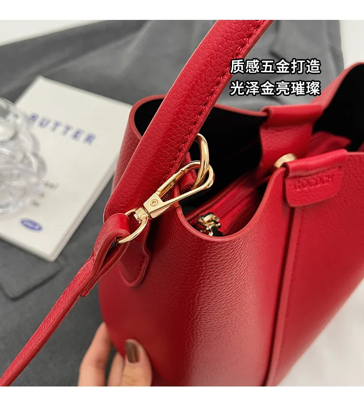 2026 Heiß begehrte, schlichte, hochwertige Damen-Umhängetasche in Rot aus PU-Material – vielseitige Bucket Bag als modische Handtasche für den Arbeitsweg – Detail 6