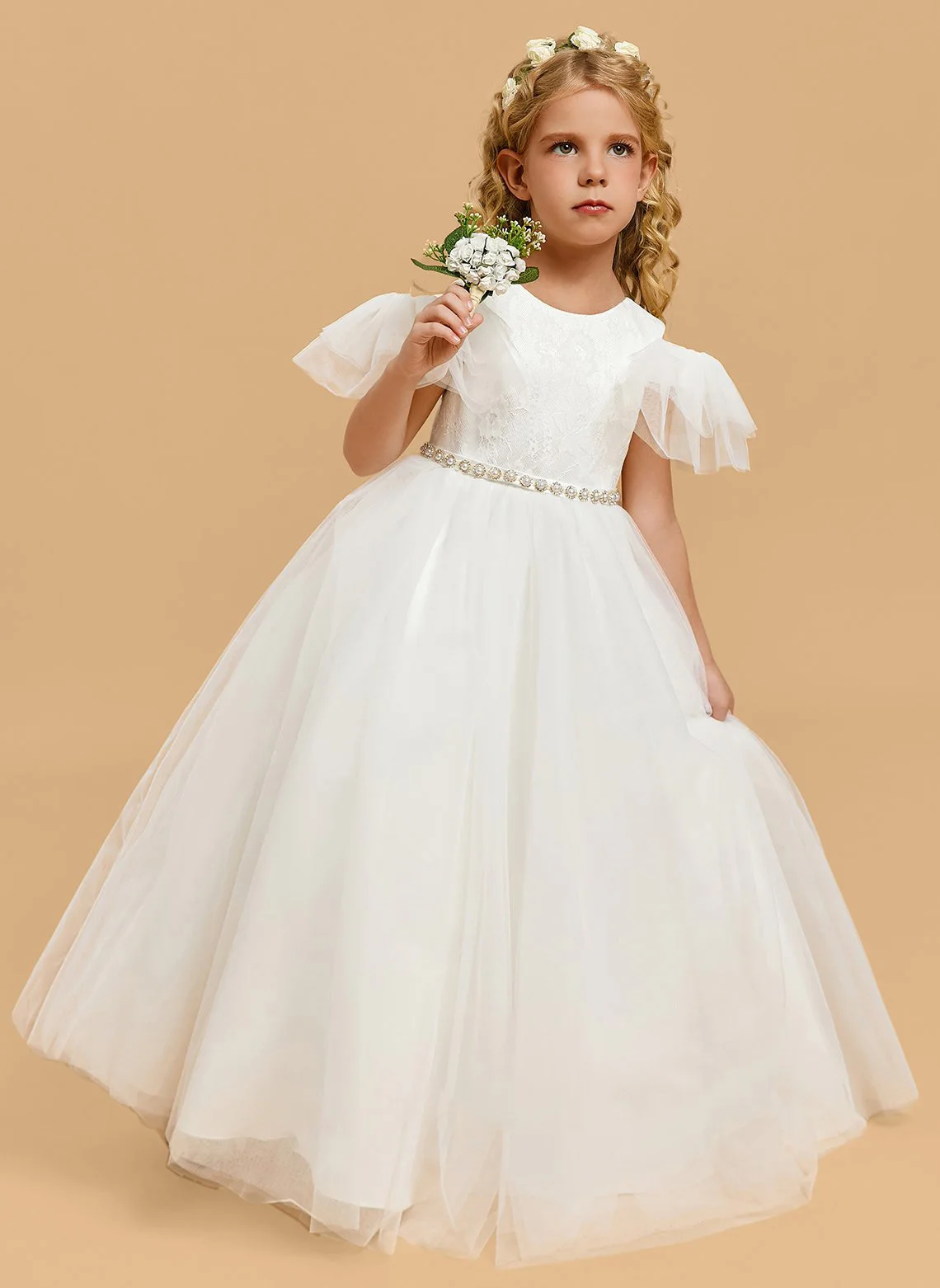 

Princess Off-shoulder Scoop-shaped Floor-length Lace Tulle Flower Girl Dress with Rhinestone Belt Dress Birthday/Customized