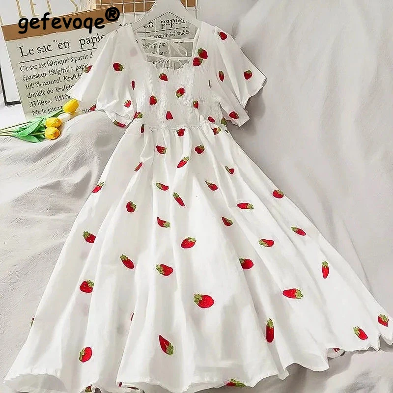 Women French Style Strawberry Print A-line Dress Sweet Casual Short Sleeve Elegant Kawaii Square Neck Beach Dresses Female 2022