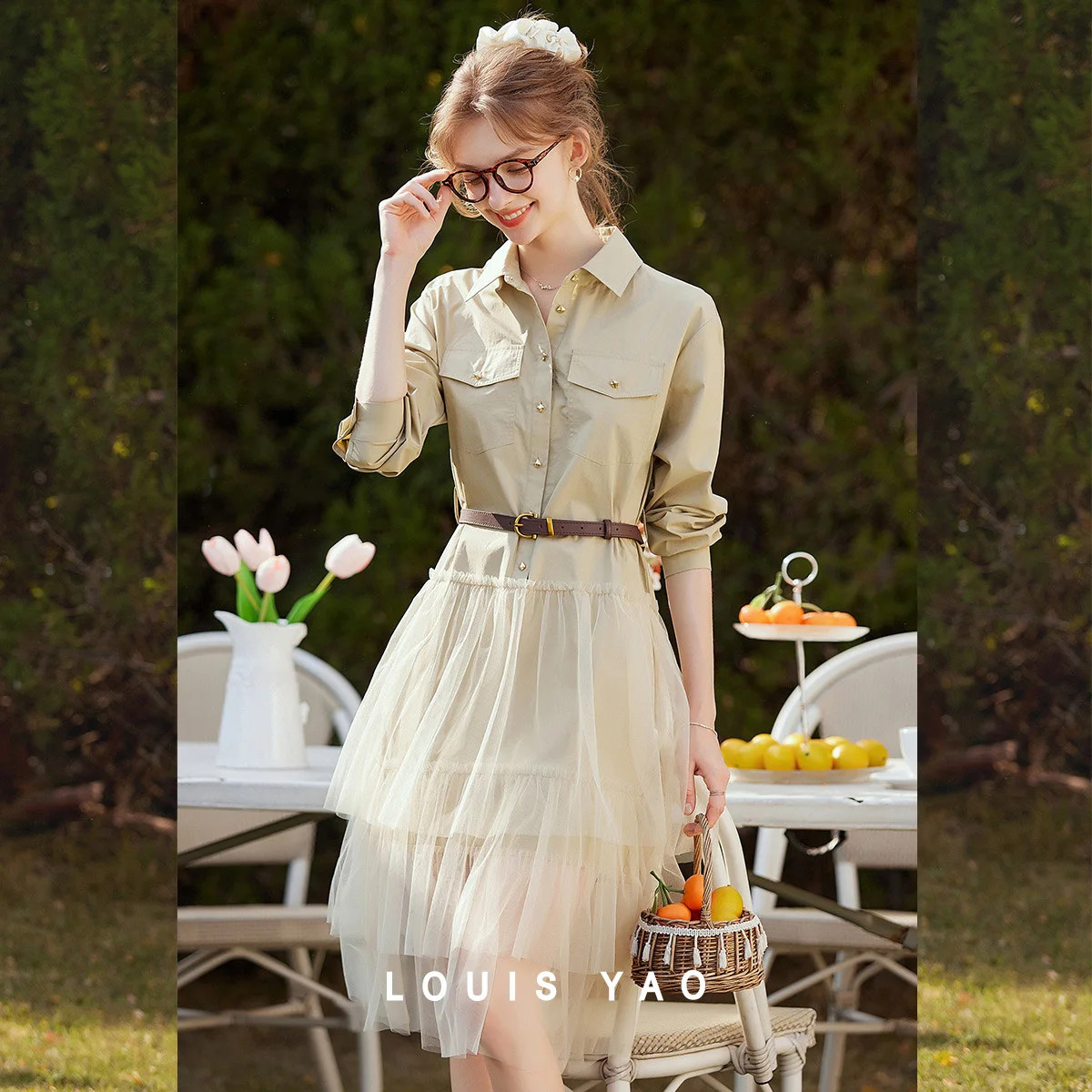 

LOUIS YAO Fashion Mesh Splicing Dress 2025 Spring Elegant Shirt Collar Half-Placket Detachable Belt Long Sleeve Dress for Women