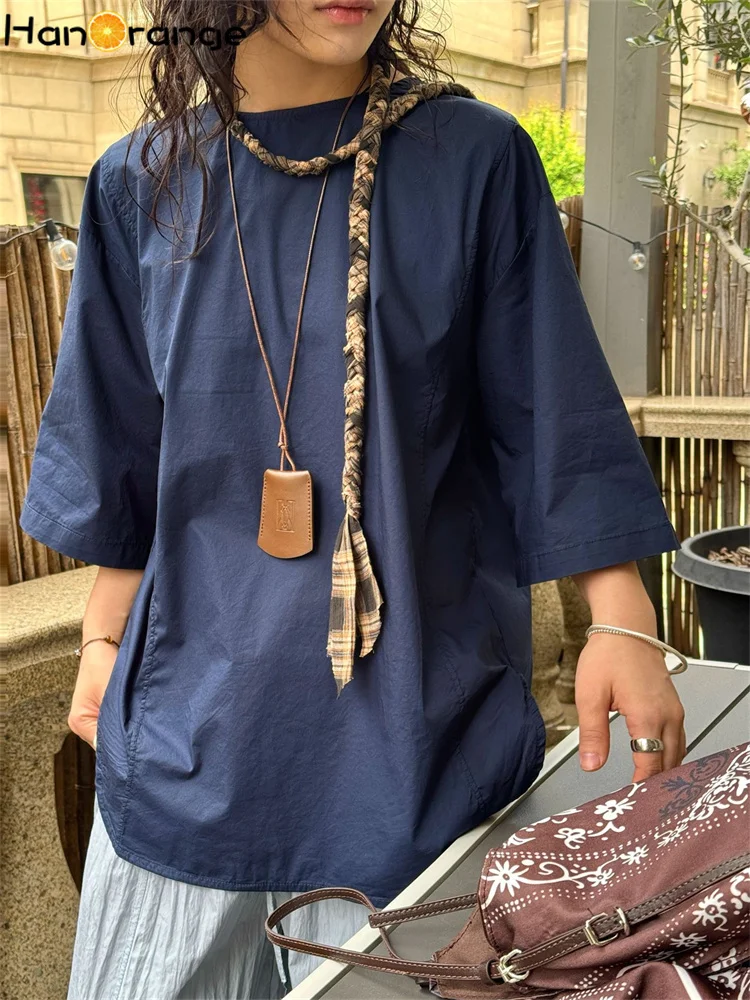 

HanOrange 2025 Summer Short Front Long Back Three-quarters Sleeve Blouse Women Simple 100% Cotton Wide Loose Top White/Navy Blue