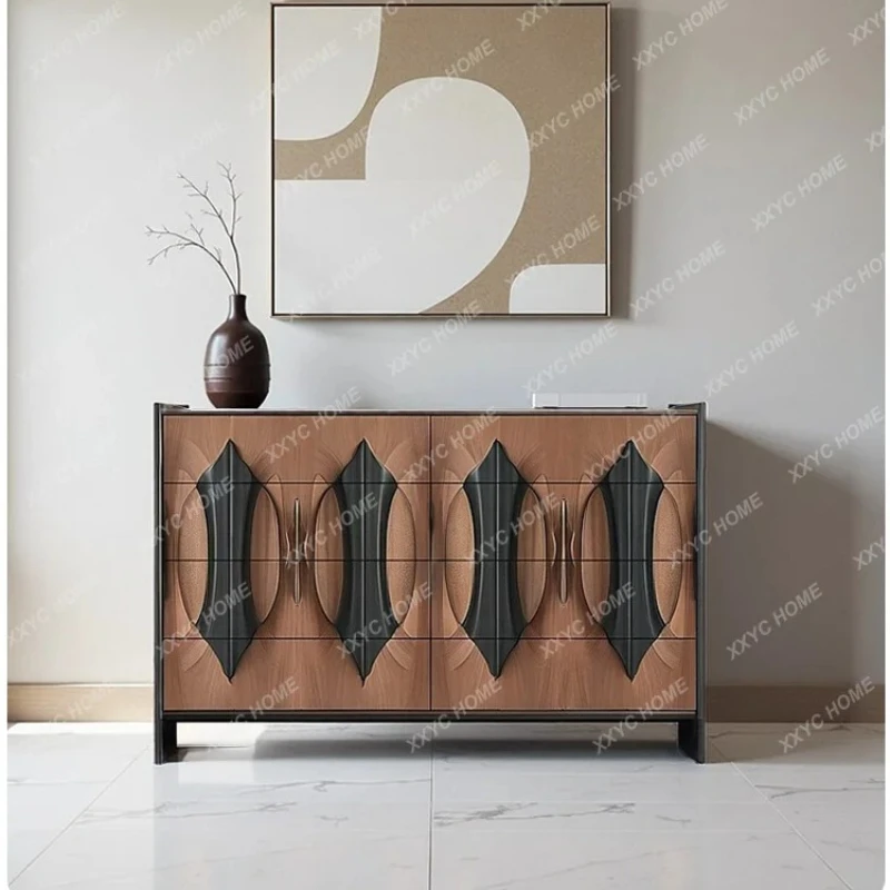 X-S Walnut solid wood living room wall integrated storage cabinet modern light luxury art relief bedroom storage cabinet HG