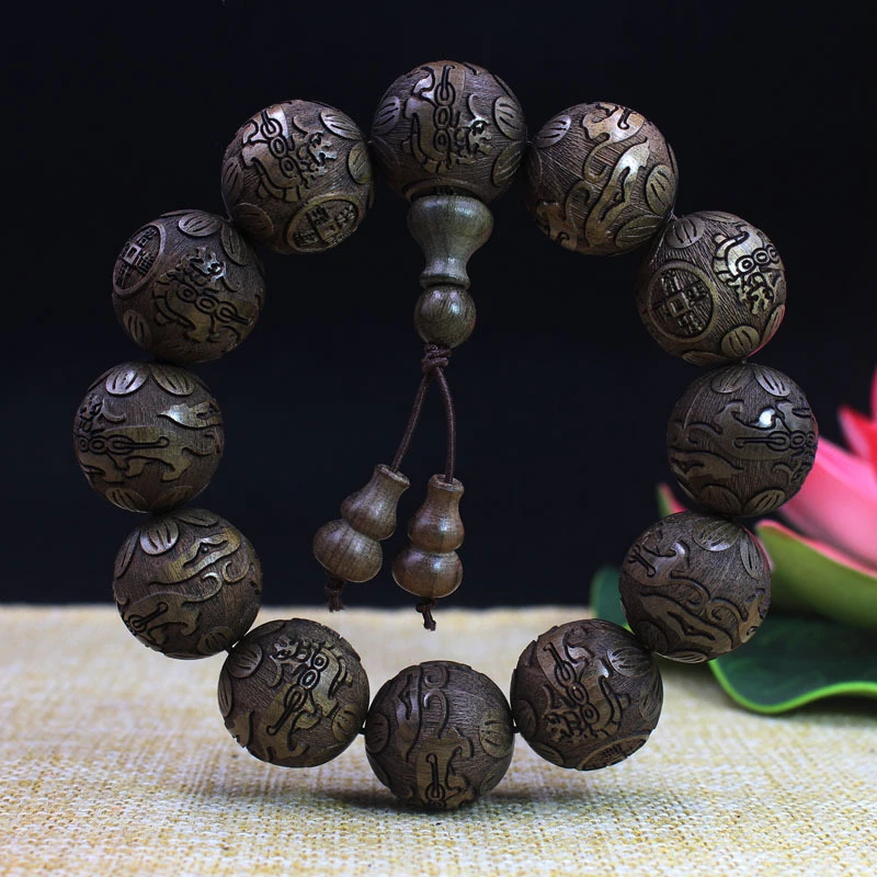 

20-миллиметровый браслет из золотистого нанму, вырезанный из темного дерева, с гравированными буддийскими бусинами, для мужчин и женщин, парный.