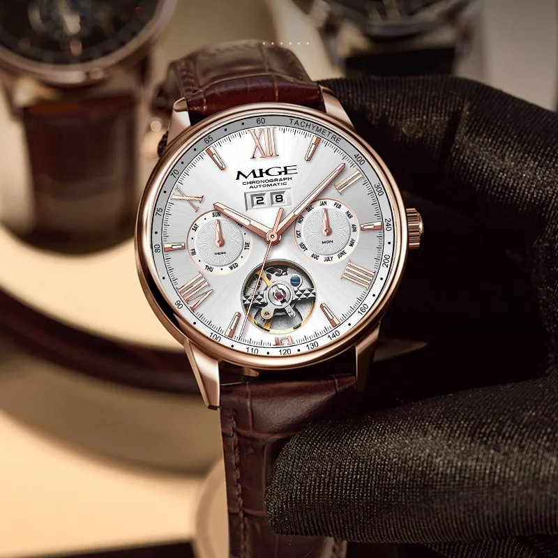 MIGE Men Automatic Mechanical Watch Hollow Skeleton Multifunction Calendar Week Month Leather Steel Band Business MaleWristwatch