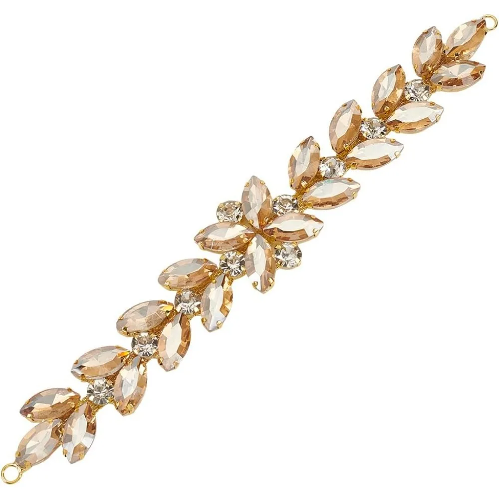 Bling Flower Leaf Rhinestone Trim (Gold Champagne, 8.4 inch) Shiny Horse Eye Crystal Applique Chain Trim with Hole Sparky