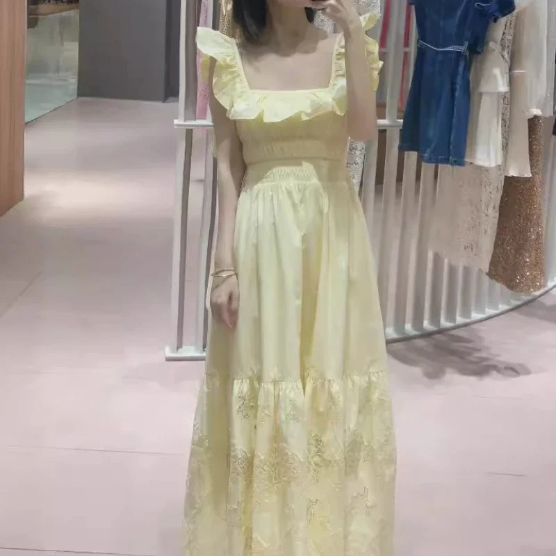 

2024 summer women yellow ruffle dress embroidered lace waist backless sexy party maxi dress