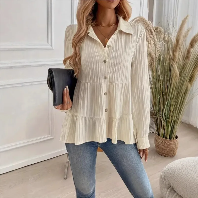 

Spring and Autumn New Button Shirt with Elegant and Casual Style Comes with Polo Collar Long Sleeve Solid Color Loose Style 2025