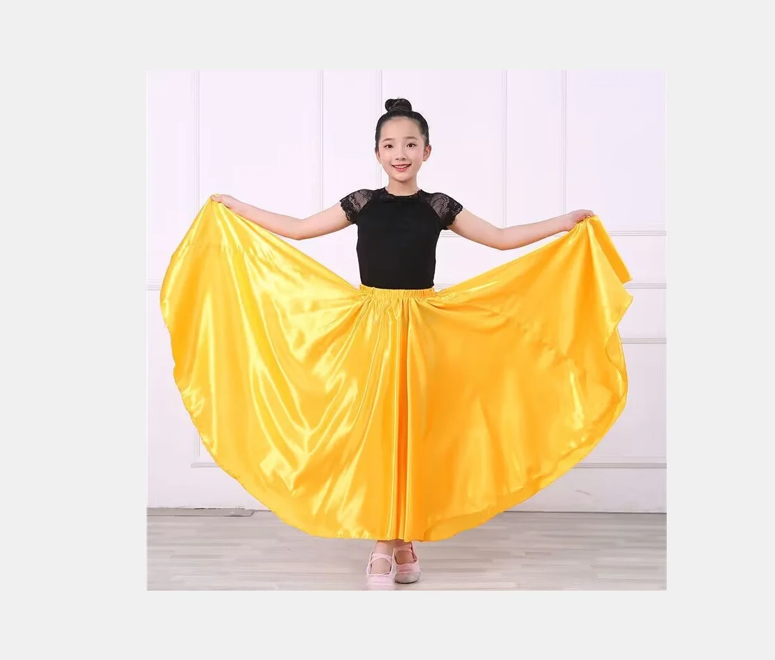 1pcs/lot children belly dancing skirt girl satin solid dancing 360 degree skirt