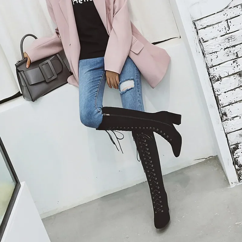 Oversize Large size Big size High quality autumn and winter women\'s shoes Square toes Thick Heel Lace-up cowboy boots