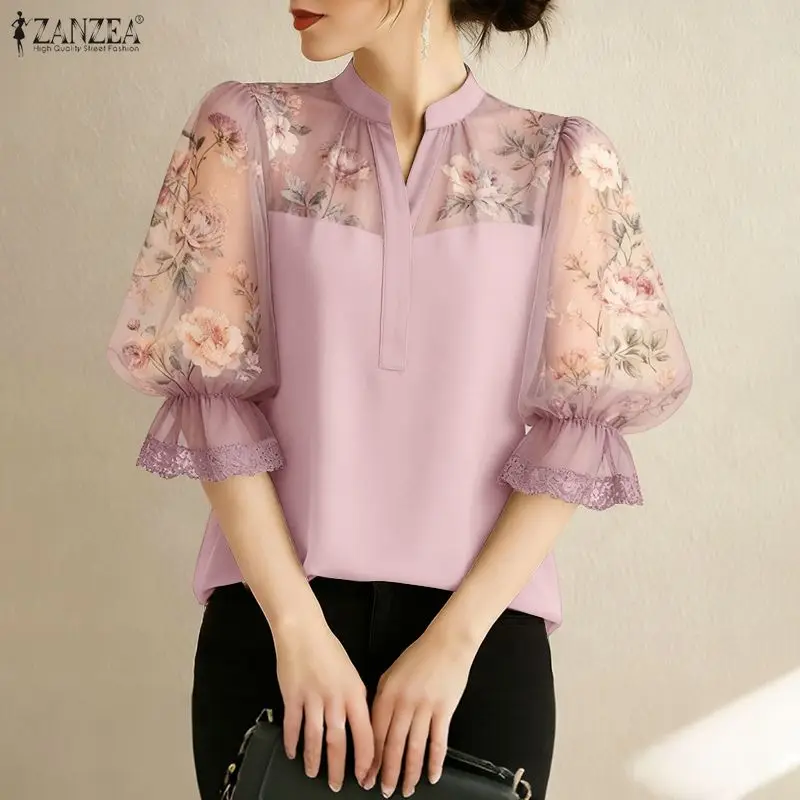 ZANZEA Floral Chiffon Blouse V-Neck Puff Sleeve