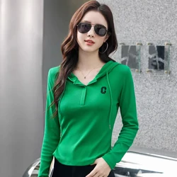 Green hooded long sleeved t-shirt women's autumn and winter half zipper embroidered sports shirt casual plus size short top