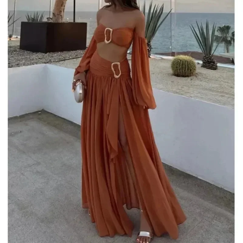 

Sexy Pleated Crop Top Split Skirt Set Women Lantern Sleeve Off Shoulder Bust Wrap Top Dress Suit New Lady Holiday Party Outfits
