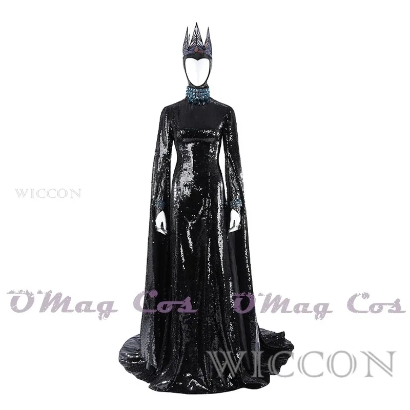 

Movie Snow Cos Whites Evil Queen Cosplay Stepmother Costume Women Black Long Dress Crown Necklace Outfits Halloween Suit