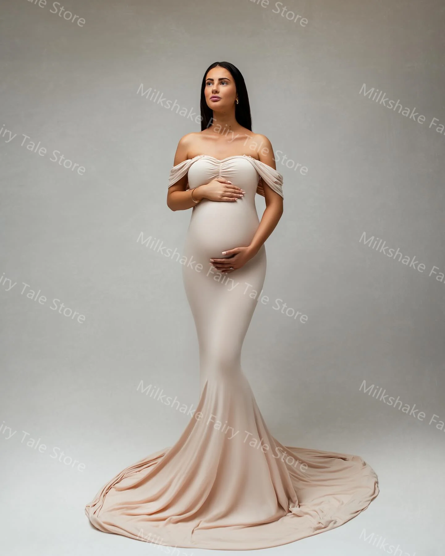 Elegant Blush Pink Evening Dresses Off Shoulder Spandex Mermaid Pregnancy Maternity Robes Floor Length Women Baby Shower Gowns