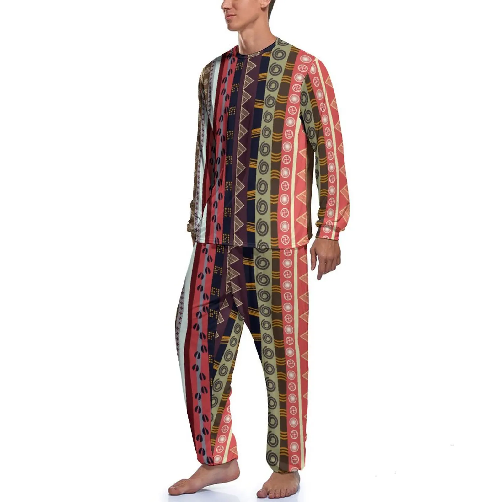 Vintage Tribal Pyjama Lente 2-delige Afrikaanse Etniciteit Coole Pyjama Set Heren Nacht Grafische Nachtkleding met lange mouwen