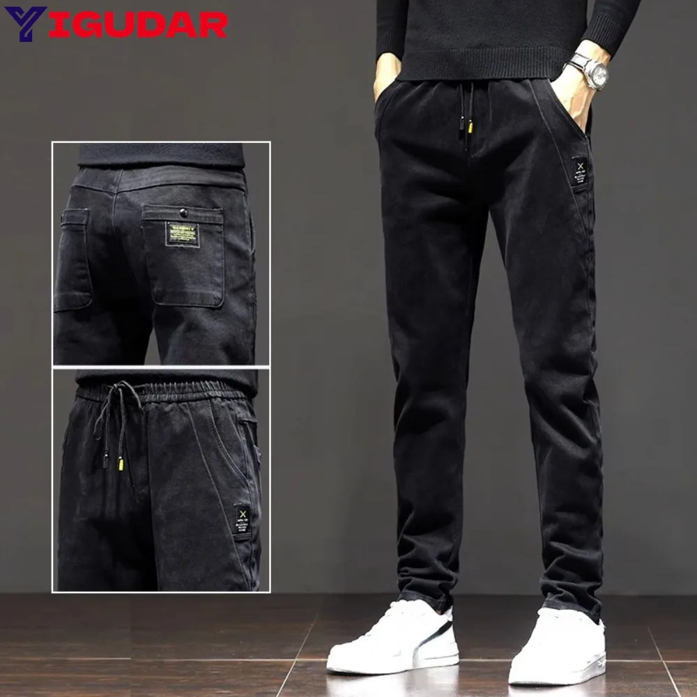 

2024 New Jeans for Men Bottoms Chic Lace-up Stretchy Denim Pants Men Washable Male Cargo Trousers Elastic Waist for Daily Wear