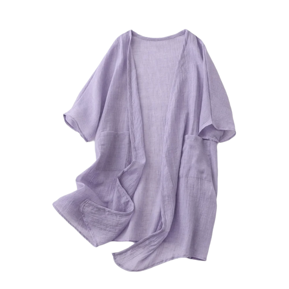 Lightweight Short Sleeved Linen Cardigan Sunscreen Cover Front Opening Long Shawl Simple Loose Summer Shirt Outerwear