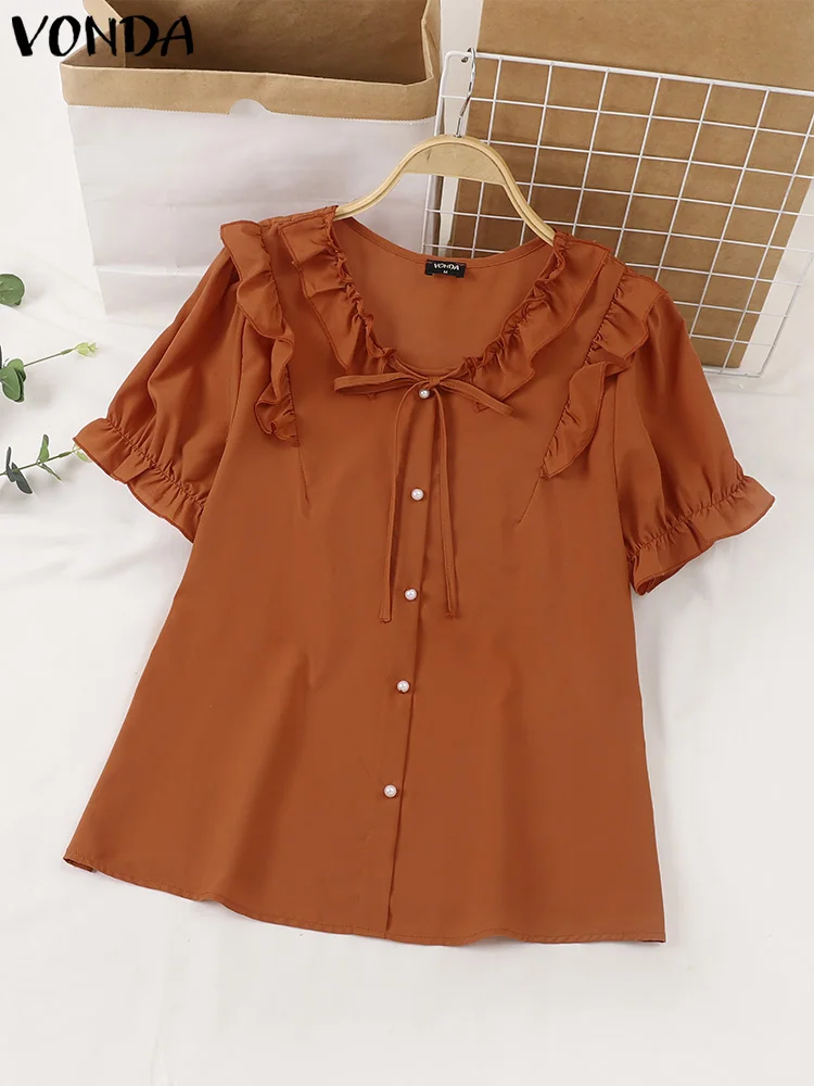 2024 VONDA Fashion Summer Shirts Elegant Blouse Women Casual Short Puff Sleeve Doll Collar Solid Color Buttons Tunic Tops Blusas