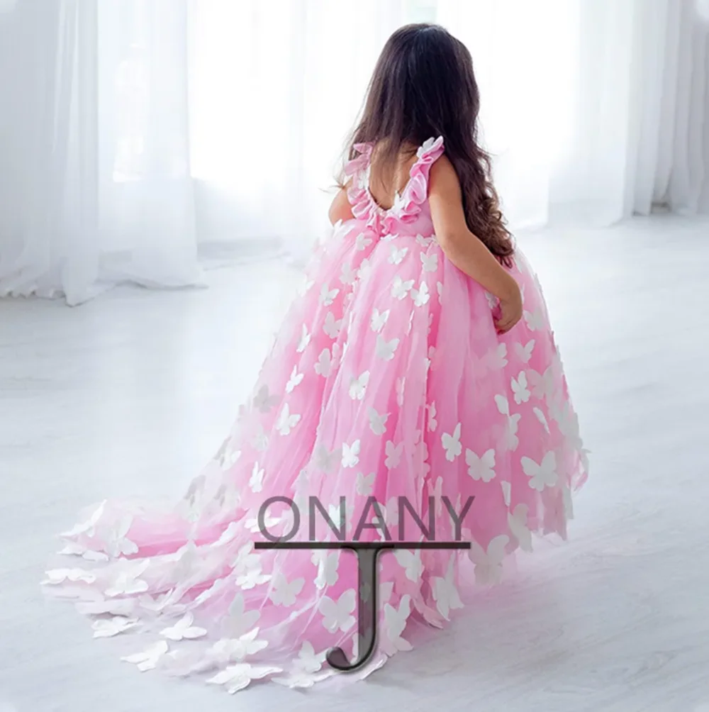 Lace Puffy Layers Pink Flower Girl Dresses Tulle Bow Kids Princess Dress Kids First Communion Dresses Birthday