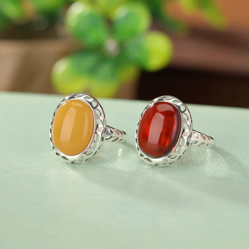 S925 Sterling Blood Amber Geometric Hollow Surface Elegant Silver Open Ring