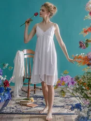 Sexy Cotton Nightgowns For Lady Elegant Princess Modal Gauze Sleeveless Lace Nightdress  Loose Home Dress