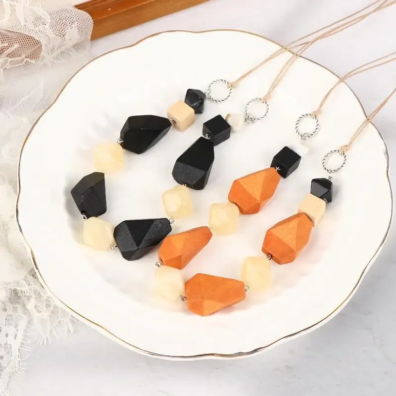 متعدد الألوان غير النظامية هندسية الخشب الخرز المعلقات القلائد للنساء خمر بيان الرقبة الديكور #4