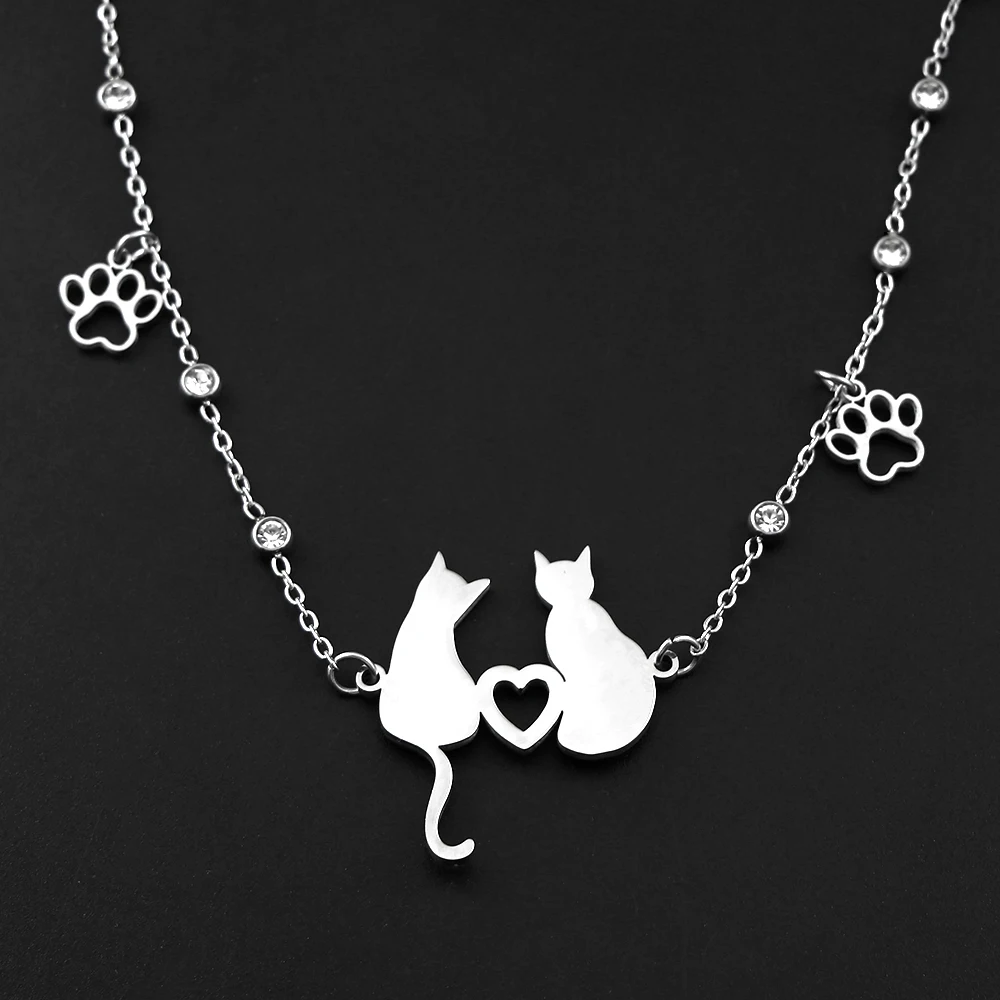 Stainless Steel Cute Cat charm Bracelet Animal Cat's Paw Pendant Bead Chain Rhinestone Bracelets for Women Jewelry Birthday Gift