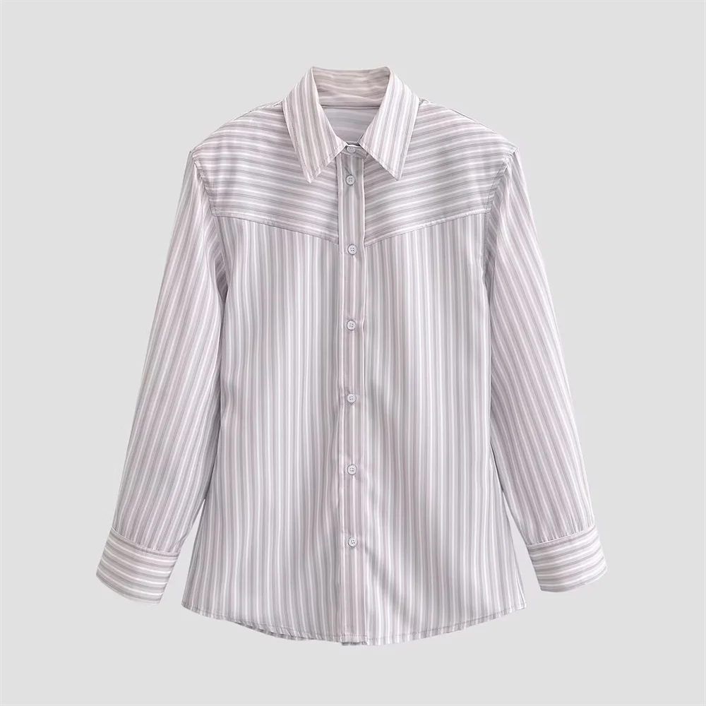 

2026 New Women's Fashion Casual Versatile Collar Long Sleeve Single breasted Striped Shoulder Cushion Shirt