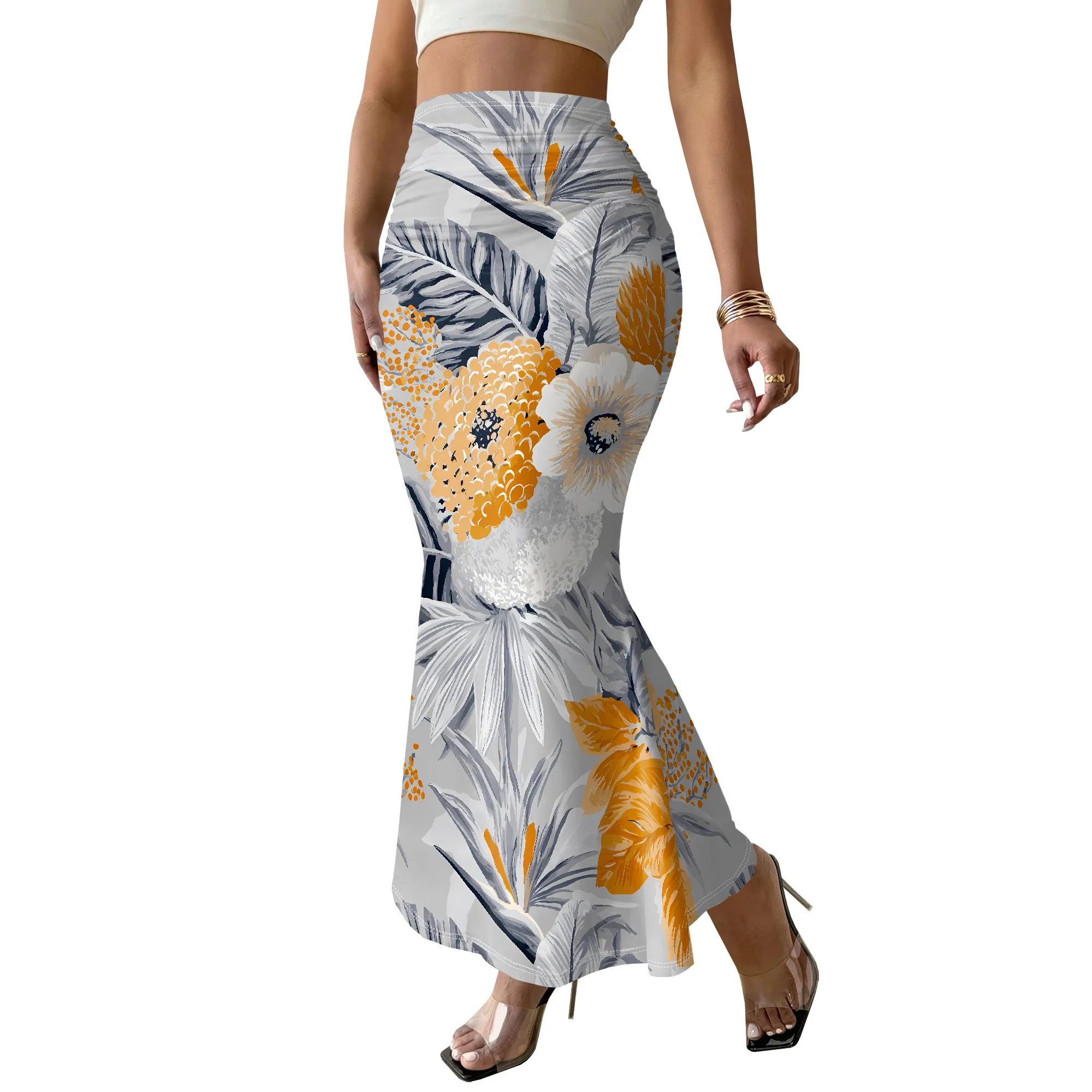 Floral Print Mermaid Skirt, Tropical Leaf Pattern Long Skirt, High Waist Bodycon Style, Beach Party Vacation Wear, S-3XL