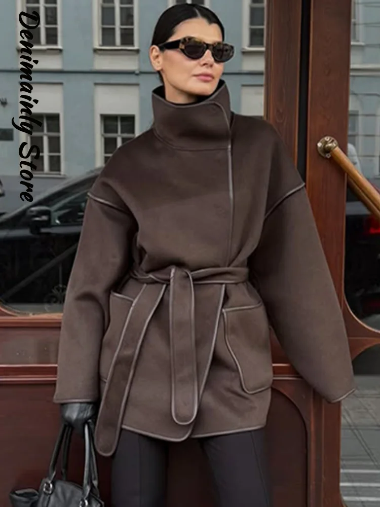 

Elegant Contrast Stitch Belted Wool Blend Coat Women Stand Collar Long Sleeve Lace Up Oversized Coats 2026 Spring Lady Outwear