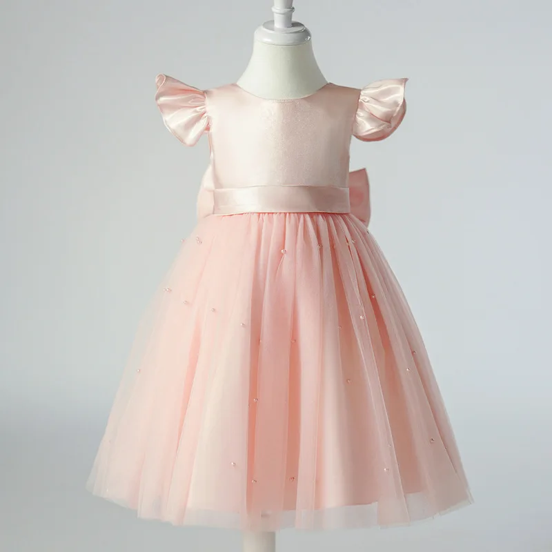 

2024 Solid Flying Sleeve Kids Girls Dress Birthday Party Girl Dresses Mesh Pearl Clothes Bow Summer Round Neck Ballroom Clothing