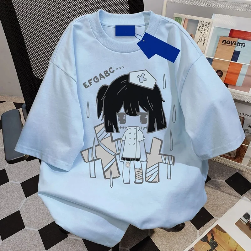 Japanese Sweet T Shirt Women Summer Kawaii Cartoon Print Loose Casual Tees Cute Pure Cotton Sports Preppy Fashion Baggy Tops