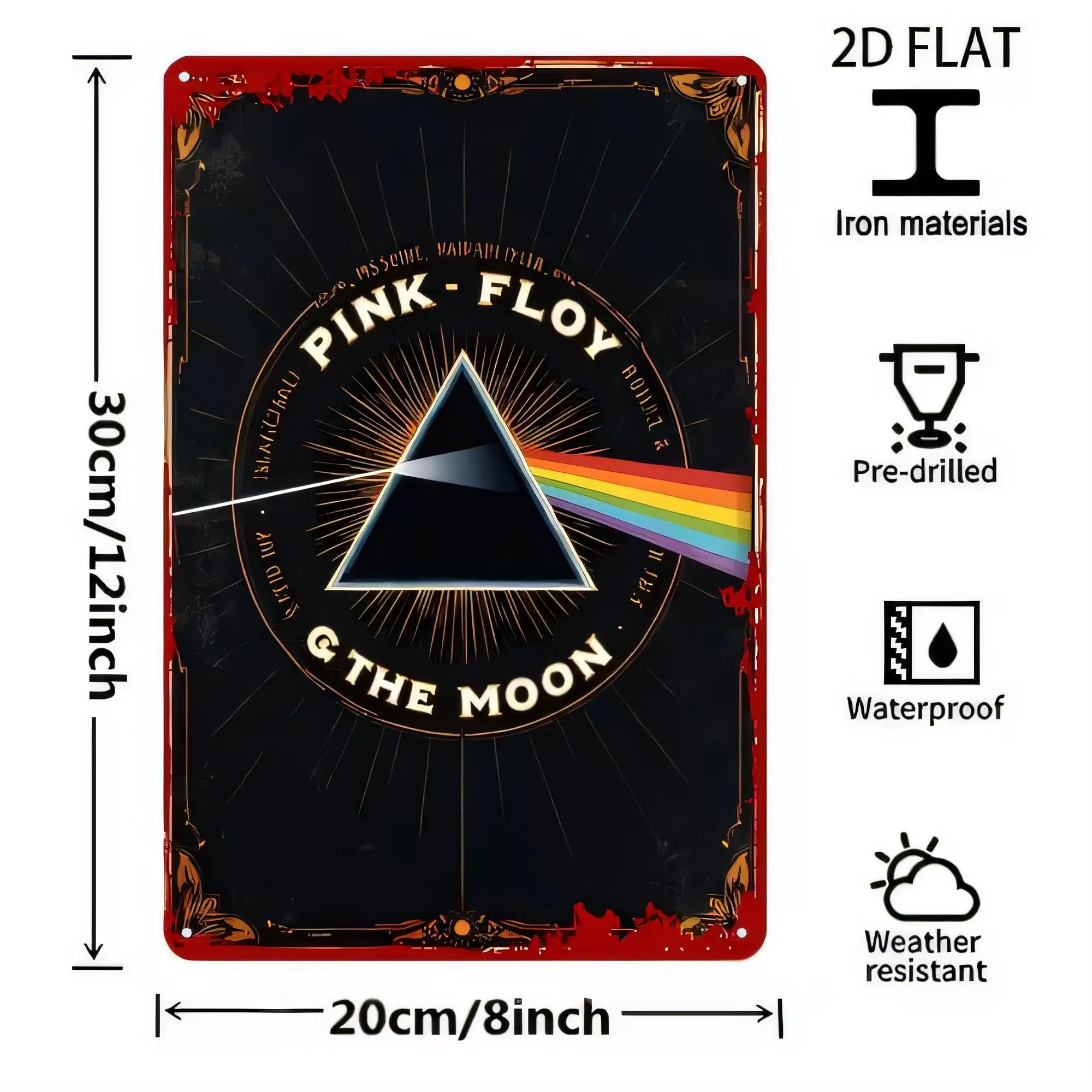 Tin Sign Dark Side Of The Moon Retro  Metal Iron Wall Art, Waterproof Weather Resistant Music Poster, Pre Drilled Hanging Decora