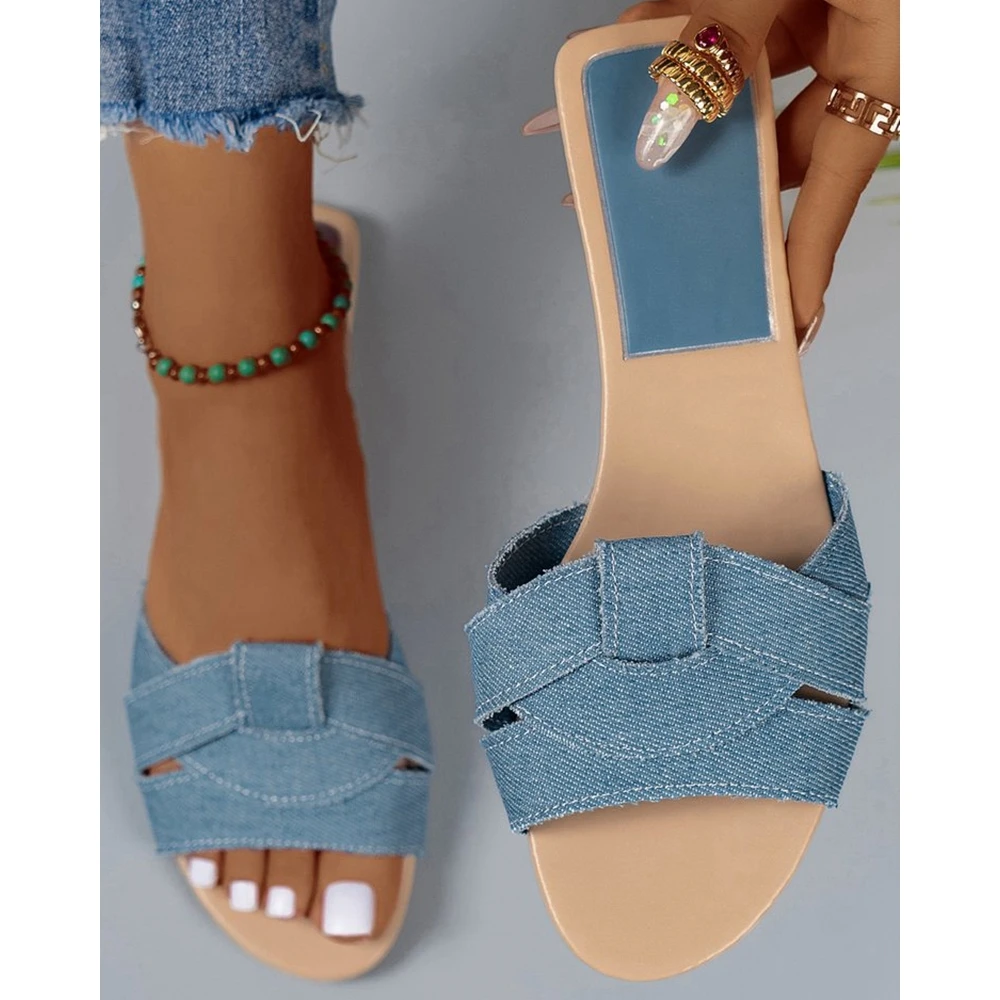 

Women Denim Multi-Strap Colorblock Flat Slippers Summer Vacation Femme Casual Going Out Summer New Fashion Daily Shoes