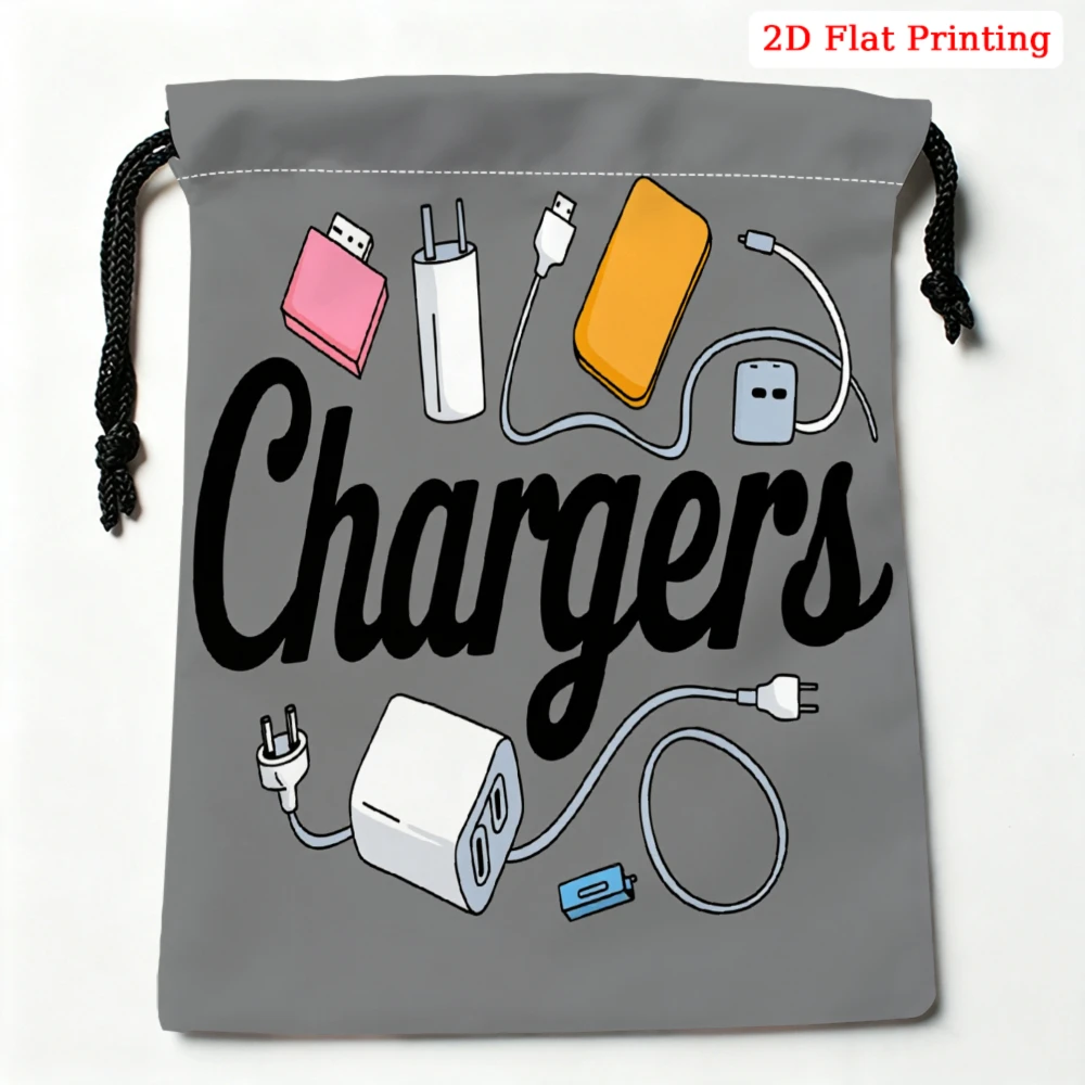 1pc Cartoon Style Drawstring Bag Gray Chargers Pattern Storage Small Pouch For Travel Electronics Organization Adult Portable